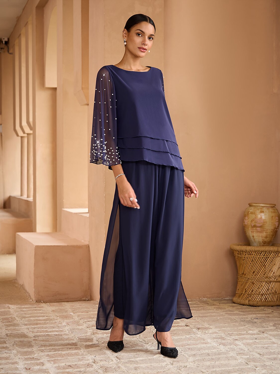 Beaded Layered Mesh Blouse