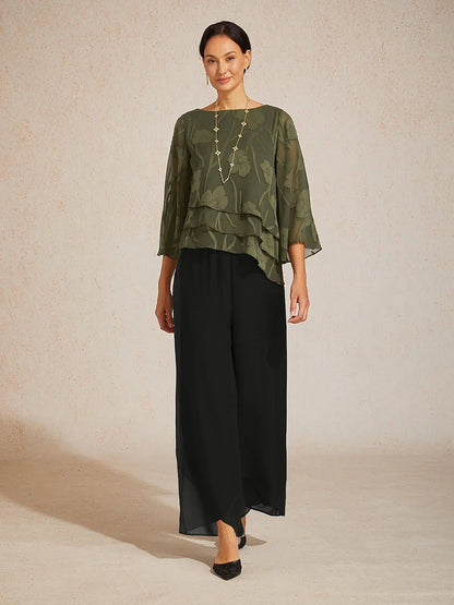 Straight Leg Mid Waist Layered Chiffon Pants