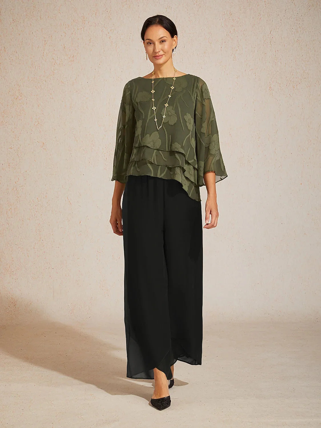 Straight Leg Mid Waist Layered Chiffon Pants