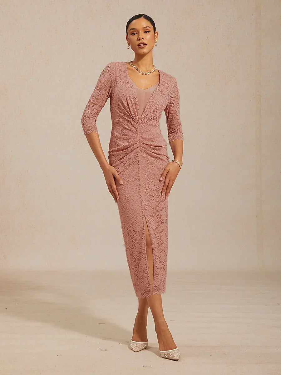 Lace Ruched Midi Dress with Front Slit