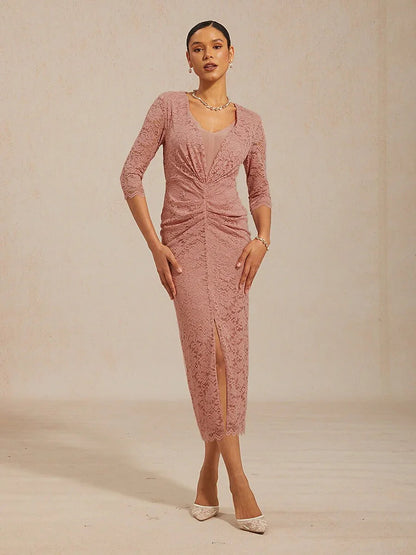Lace Ruched Midi Dress with Front Slit