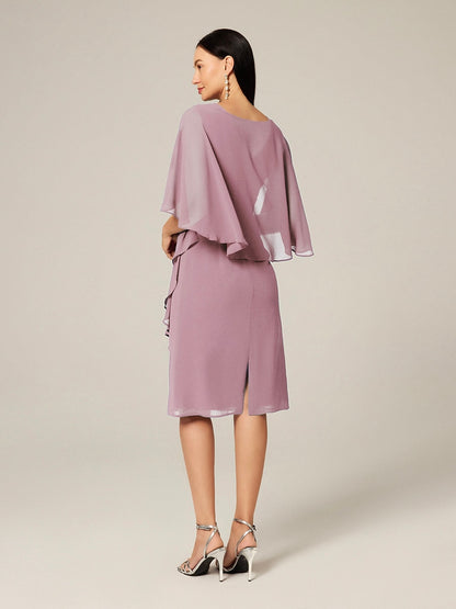 Asymmetrical Boat Neck Ruffled Chiffon Cape Dress
