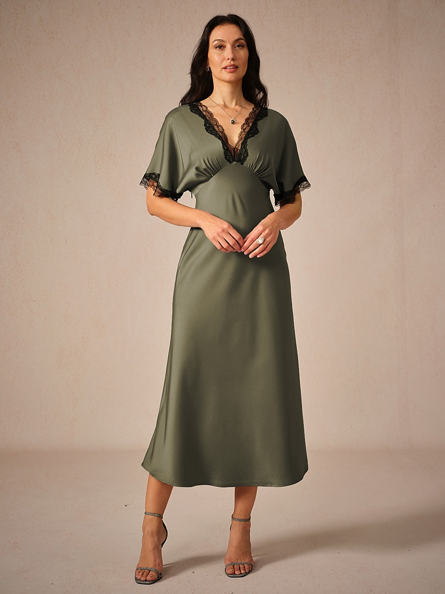 Satin-Lace-Trim-V-Neck-Olive-Dress-Olive-S13399393