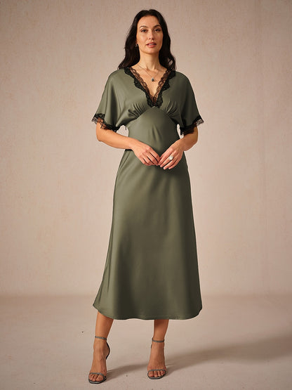 Satin Lace Trim V-Neck Dusty Blue Dress