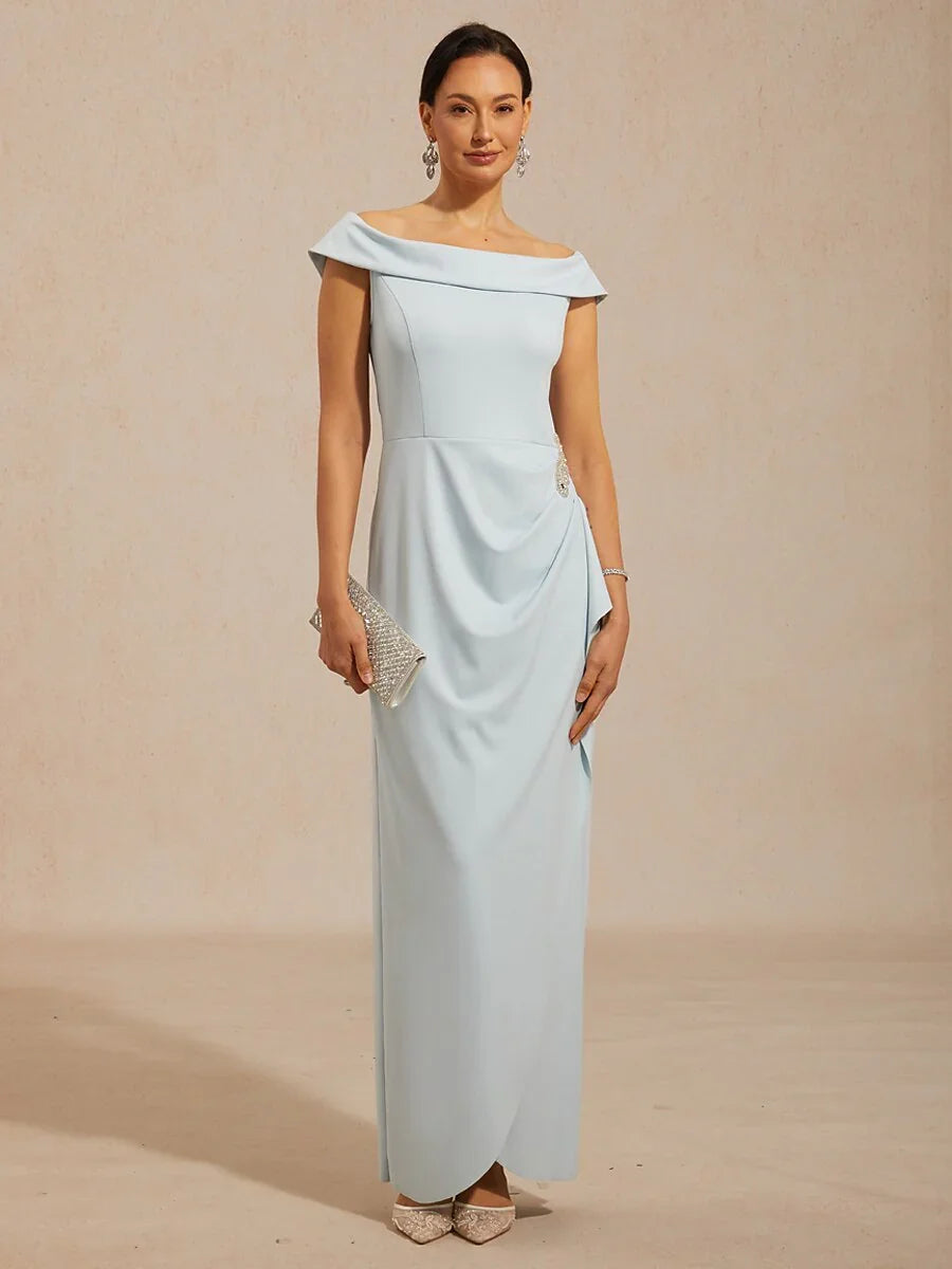 Off Shoulder Ruched Maxi Dress with Rhinestone Embellishment