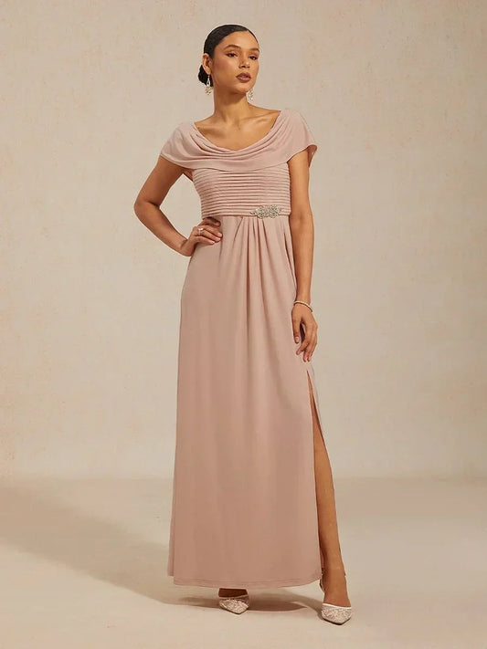 Draped Neck Jersey Evening Dress with Pleated Bodice