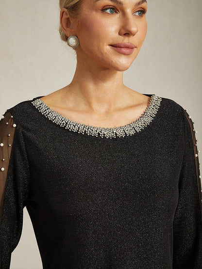 Beaded 3/4 Sleeve Metallic Knit Blouse