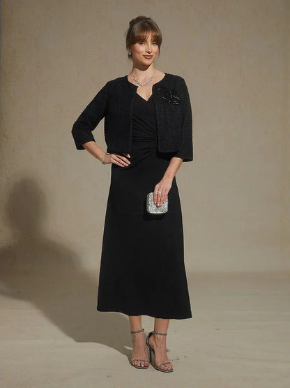 Black V-Neck A-Line Knit Dress with Waist Twist Design