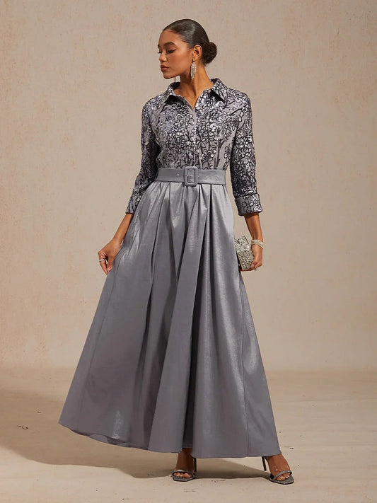 Stretch Taffeta Embroidered Cocktail Dress with Sequin Bodice