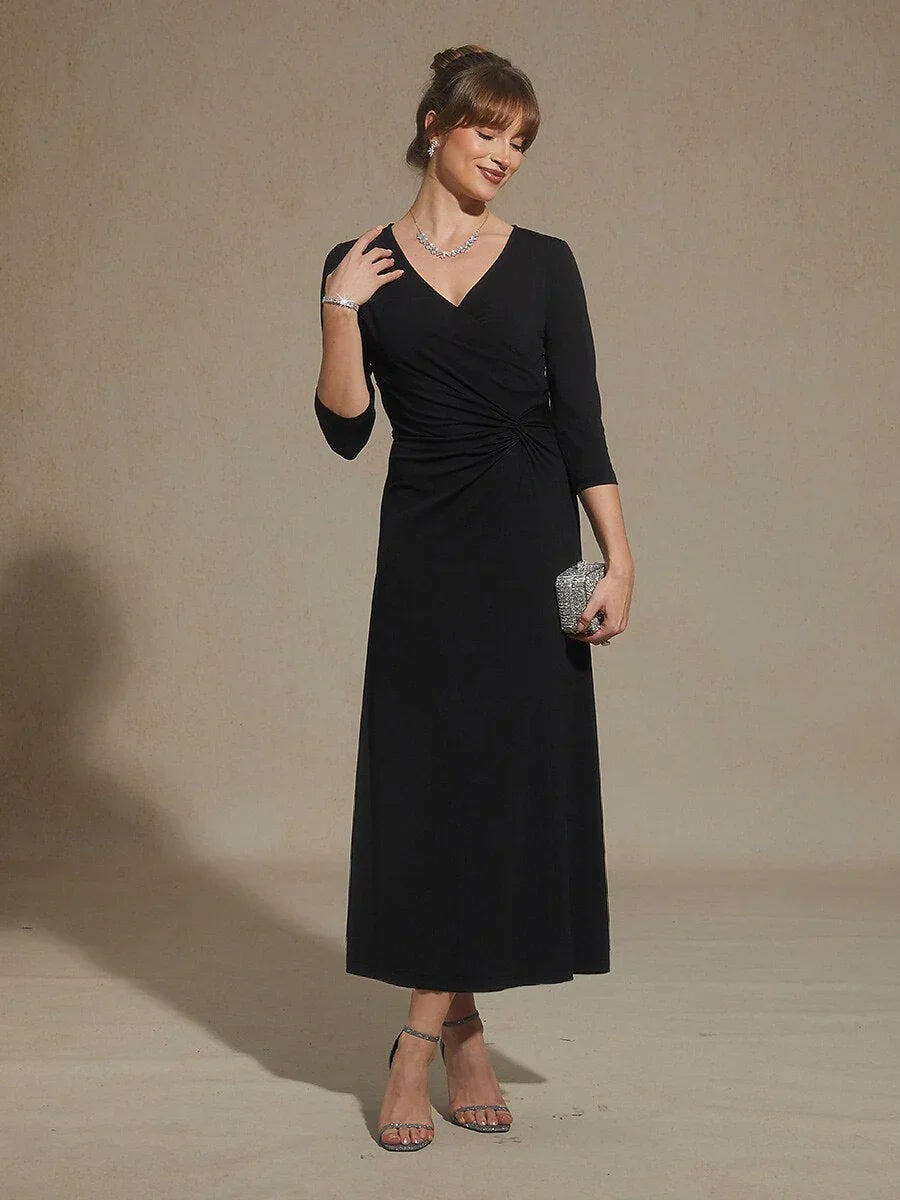 Black V-Neck A-Line Knit Dress with Waist Twist Design