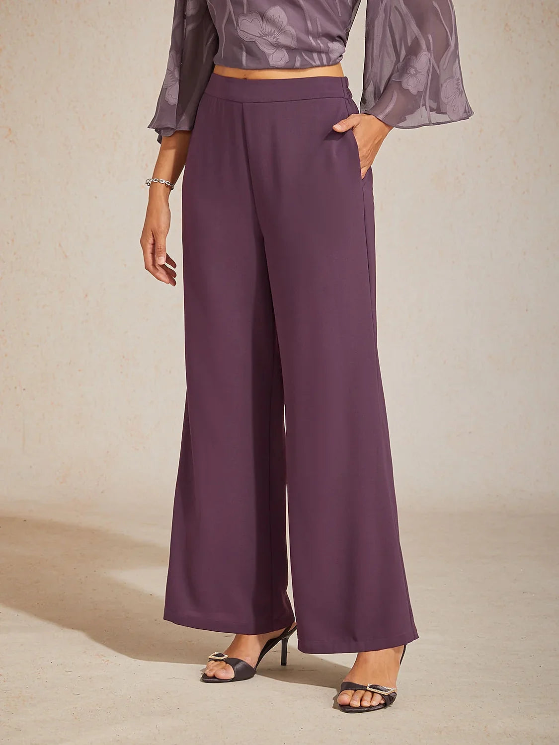 Mid-Rise Elastic Waist Wide-Leg Pants with Pockets