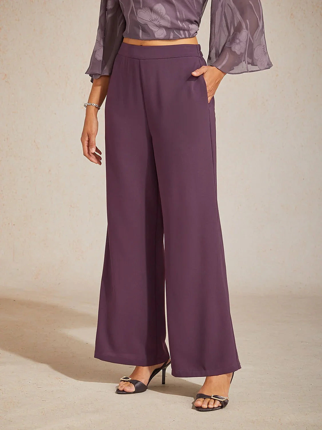 Mid-Rise Elastic Waist Wide-Leg Pants with Pockets