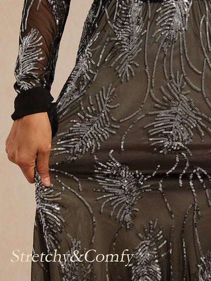 Sequin Mesh Overlay Dress with Crystal Button