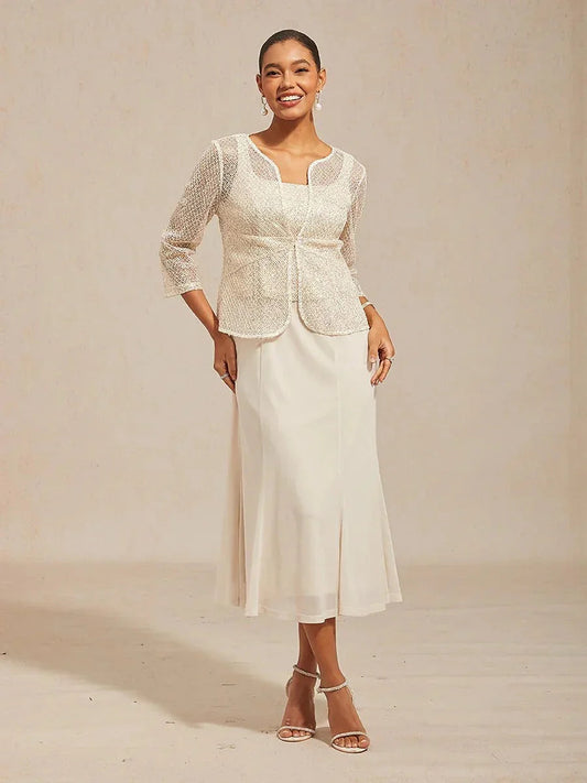 Mesh Sequin 3/4 Sleeve Jacket Dress