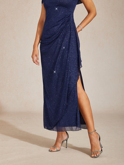 Ankle-Length Cold Shoulder Glitter Mesh Dress
