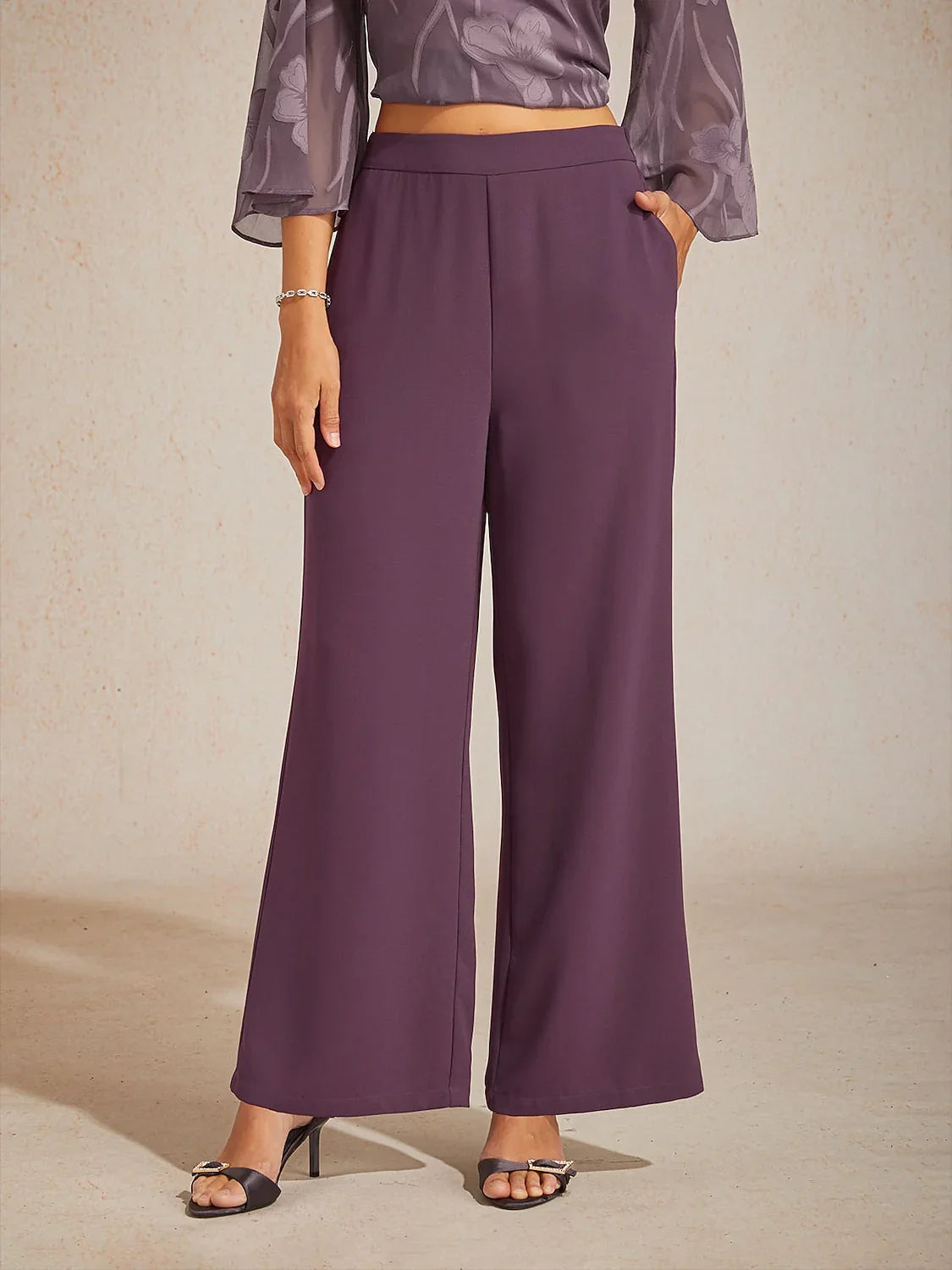 Mid-Rise Elastic Waist Wide-Leg Pants with Pockets