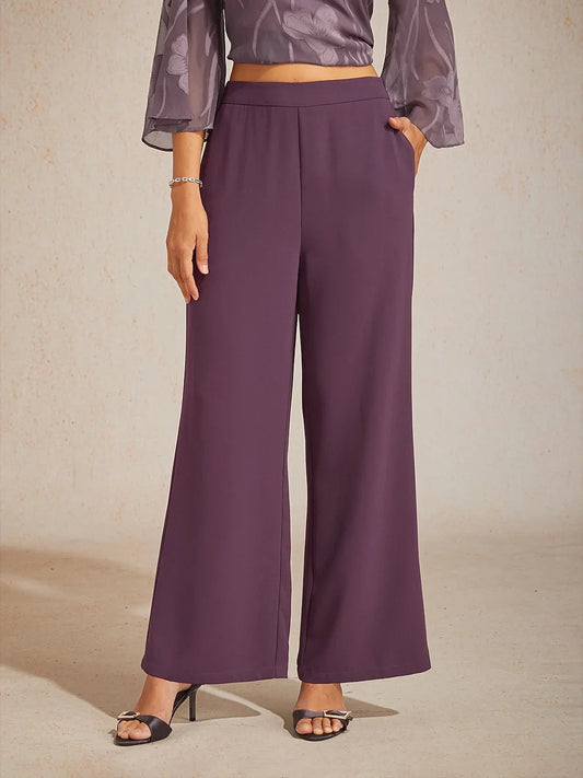 Mid-Rise Elastic Waist Wide-Leg Pants with Pockets