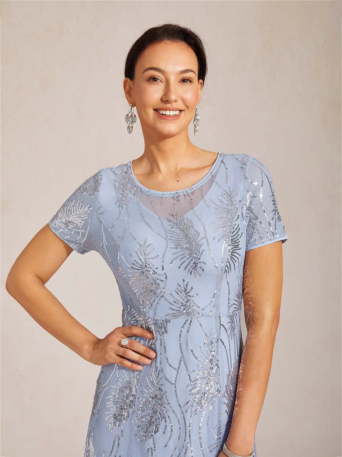 Short Sleeve A-Line Maxi Dress with Mesh Sequin Detail