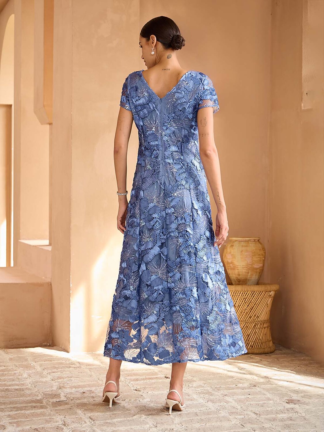 Rosette Sequin Lace Maxi Gown