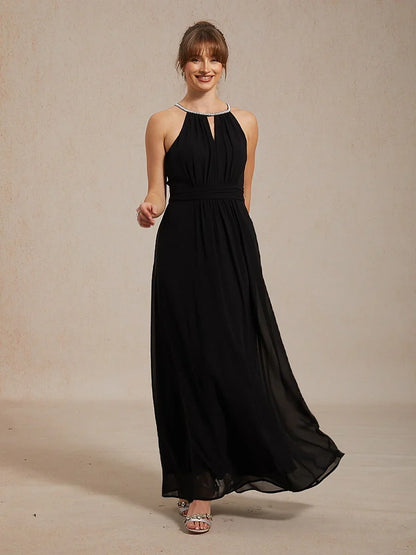 Chiffon Pearl Halter Neck Floor-Length Dress with Wrinkle Resistant chiffon